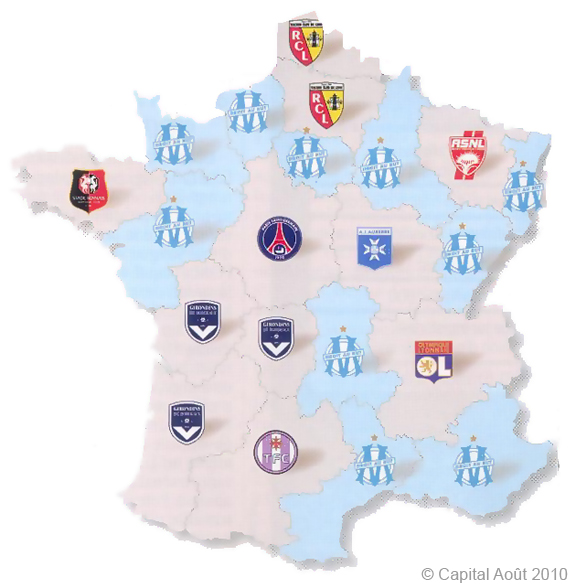 R&eacute;gion par r&eacute;gion, ls clubs de L1 pr&eacute;f&eacute;r&eacute;s des Fran&ccedil;ais